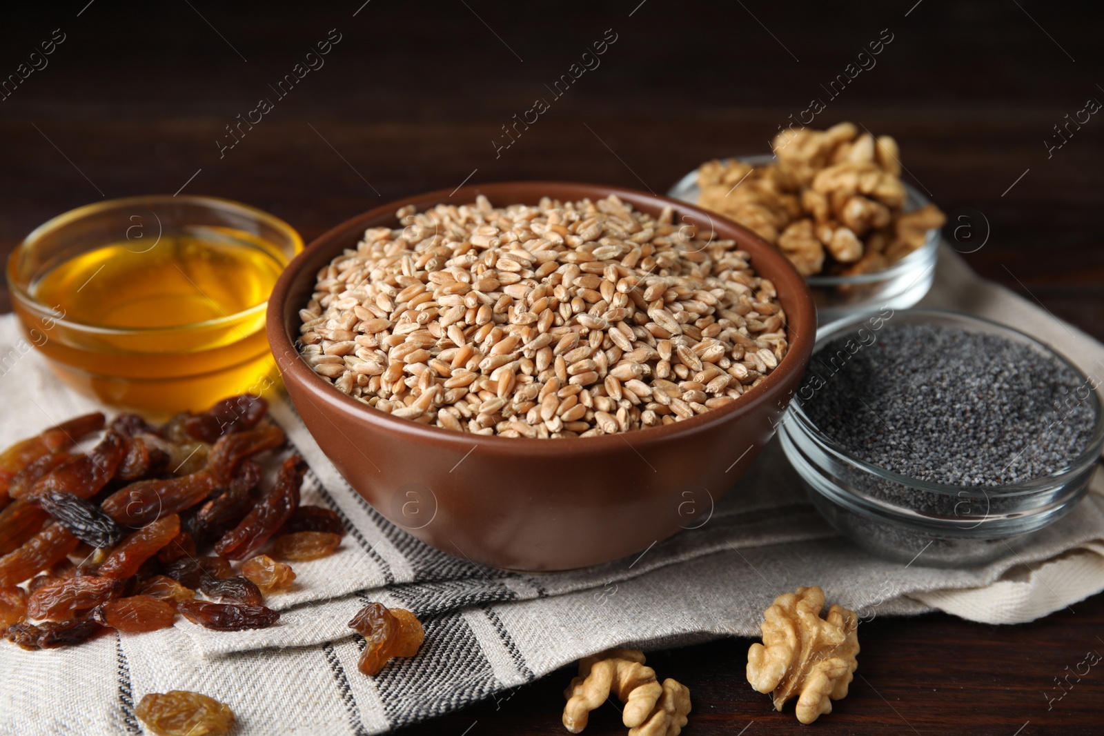 Photo of Ingredients for traditional kutia on wooden table