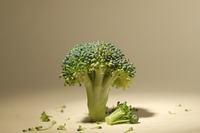 Photo of Fresh raw broccoli on beige background, closeup