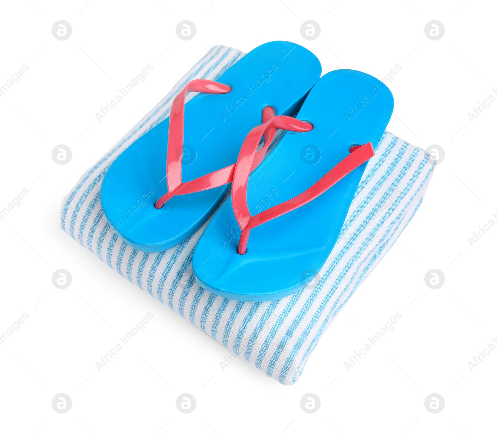 Photo of Stylish flip flops and beach towel isolated on white, above view