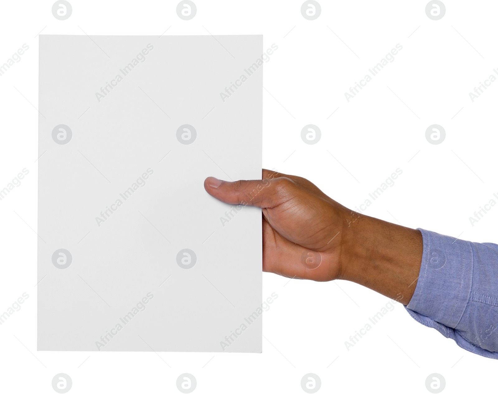 Photo of African American man holding sheet of paper on white background, closeup. Mockup for design