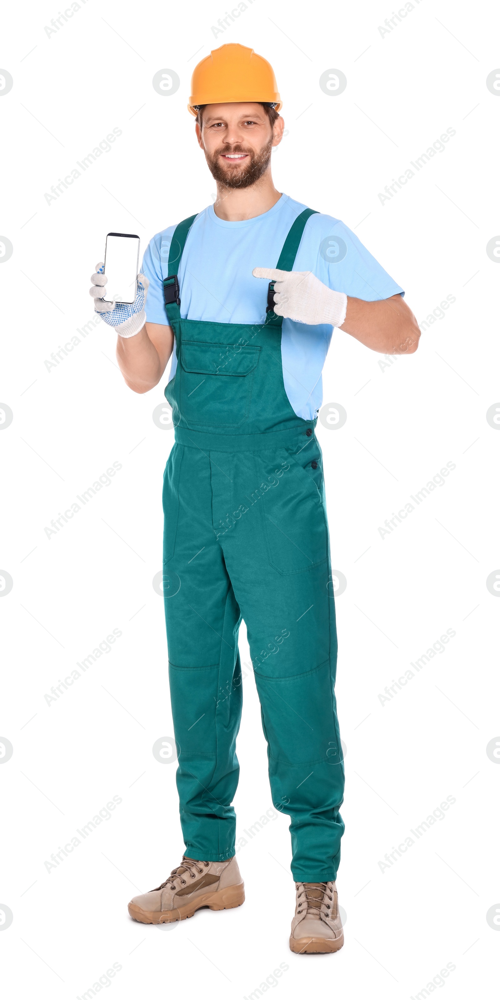 Photo of Professional repairman in uniform showing smartphone on white background