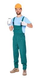 Photo of Professional repairman in uniform showing smartphone on white background