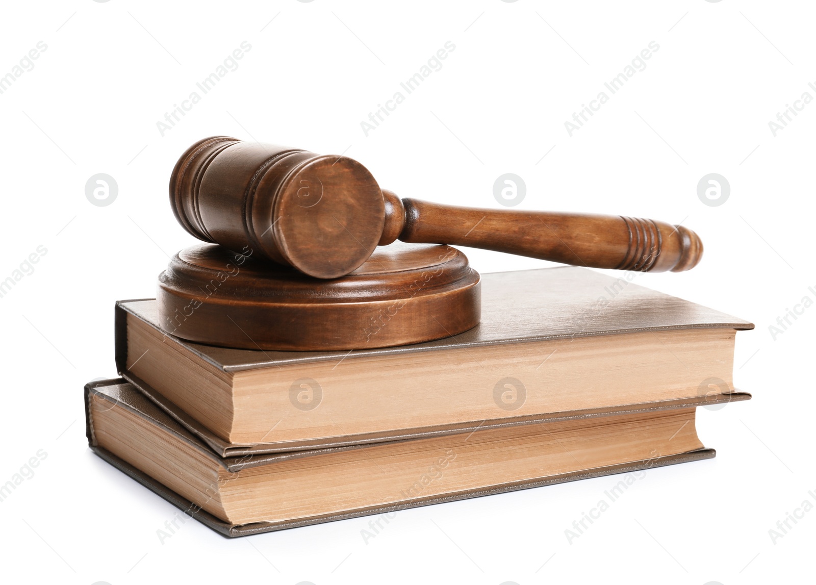 Photo of Wooden gavel and books on white background. Law concept