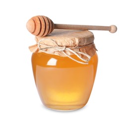 Photo of Tasty natural honey in glass jar and dipper isolated on white