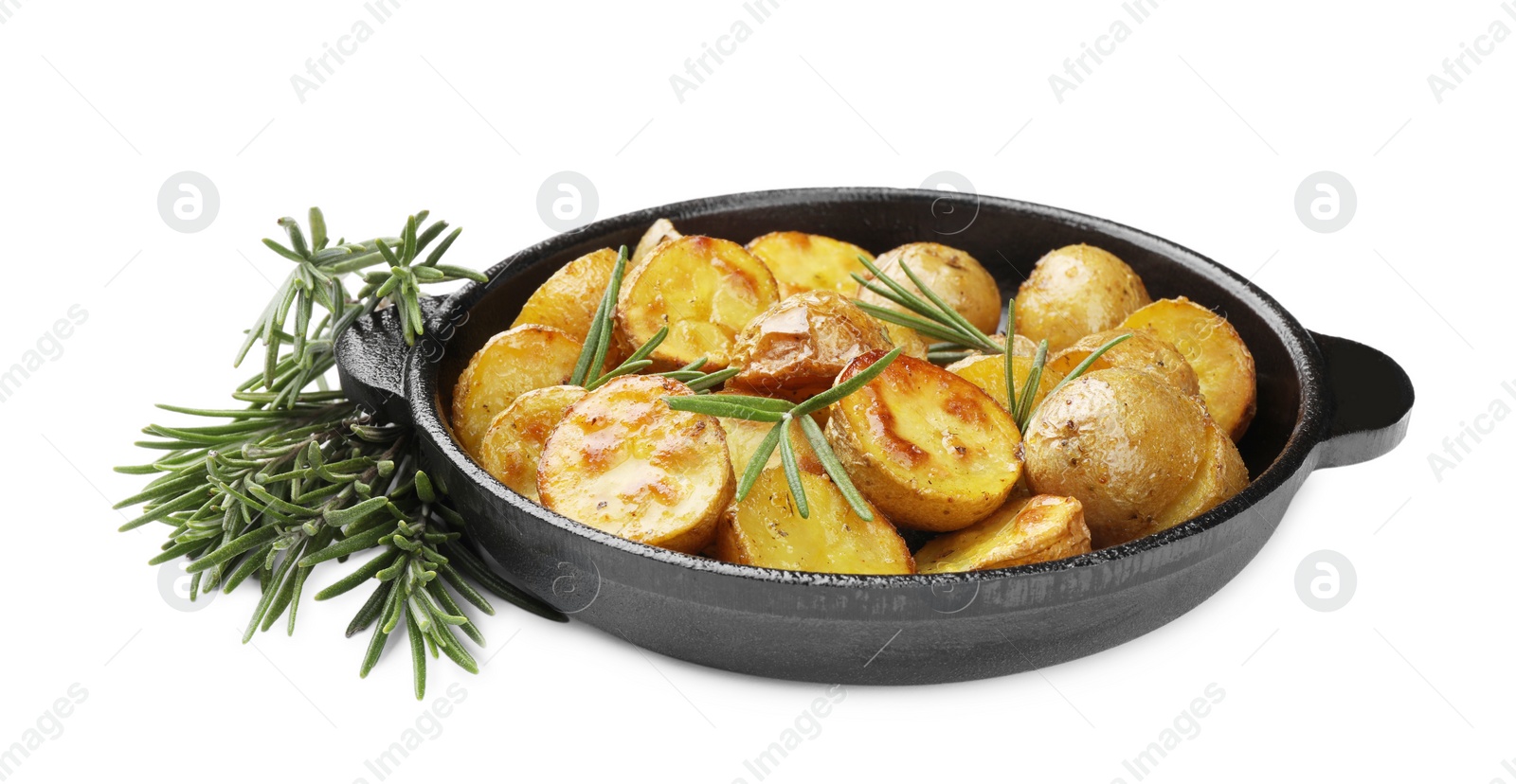 Photo of Delicious baked potatoes with rosemary isolated on white