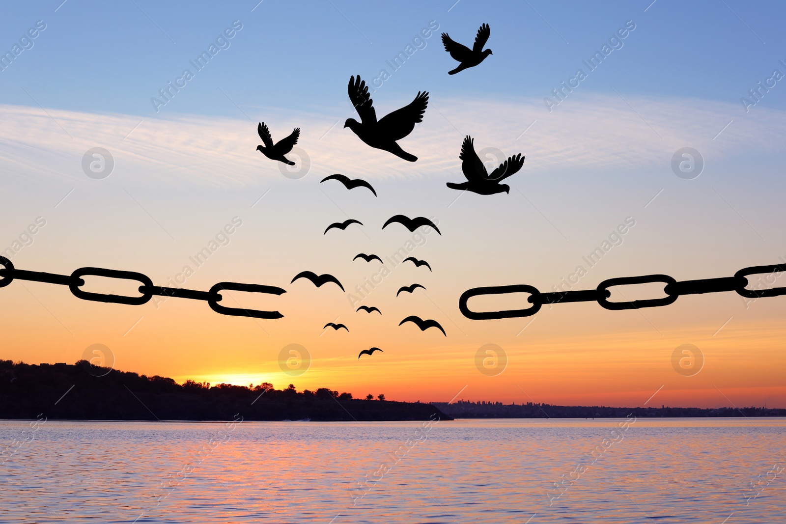 Image of Freedom concept. Silhouettes of broken chain and birds flying over river at sunset