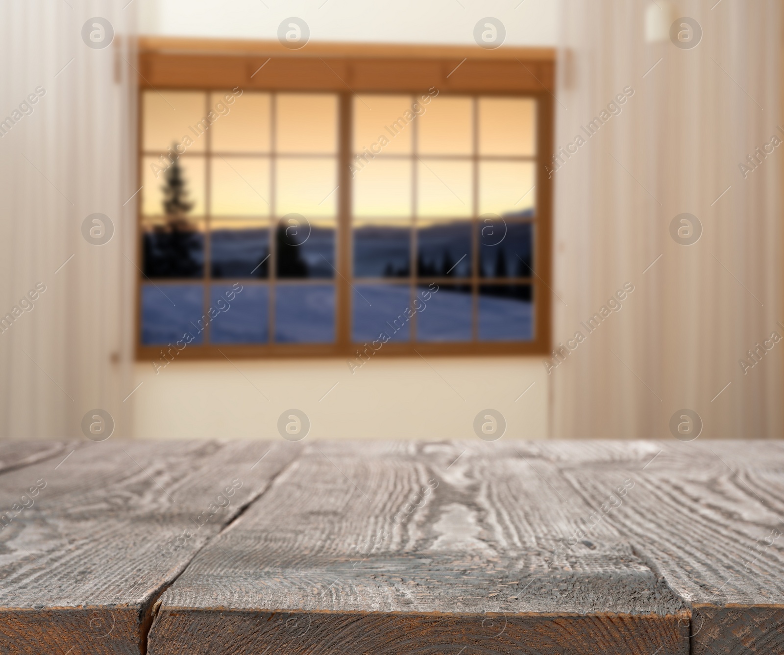 Image of Empty wooden table and window with beautiful view indoors