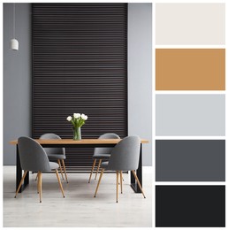 Image of Stylish dining room with furniture. Color palette matching to this interior design