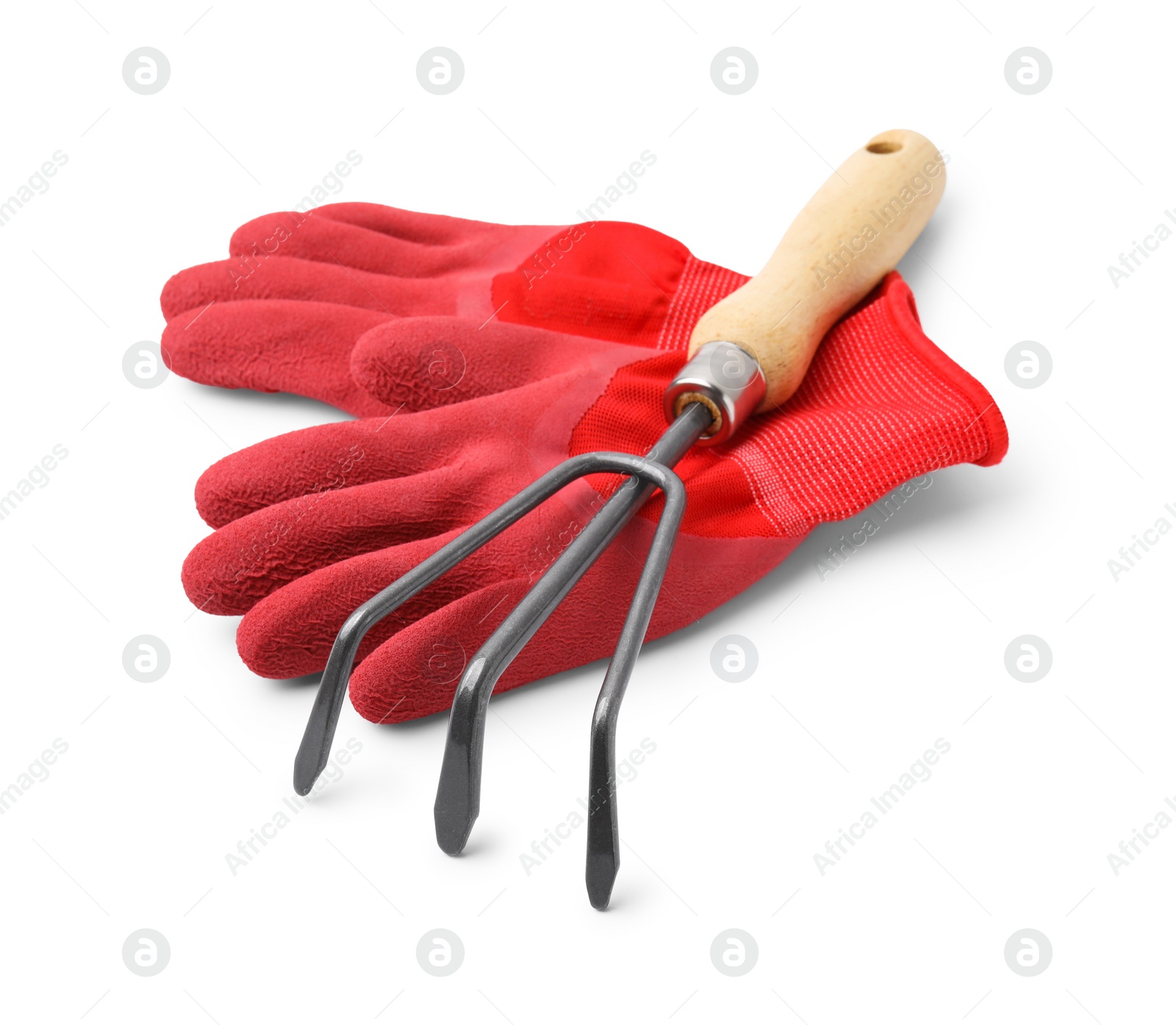 Photo of Gardening gloves and rake isolated on white