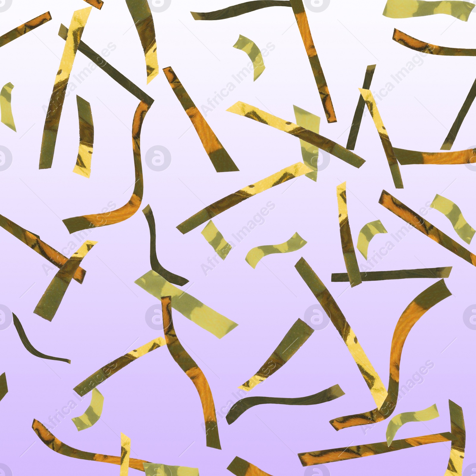 Image of Shiny golden confetti falling on gradient violet background