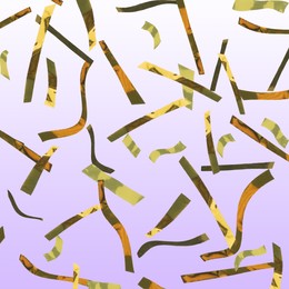 Image of Shiny golden confetti falling on gradient violet background