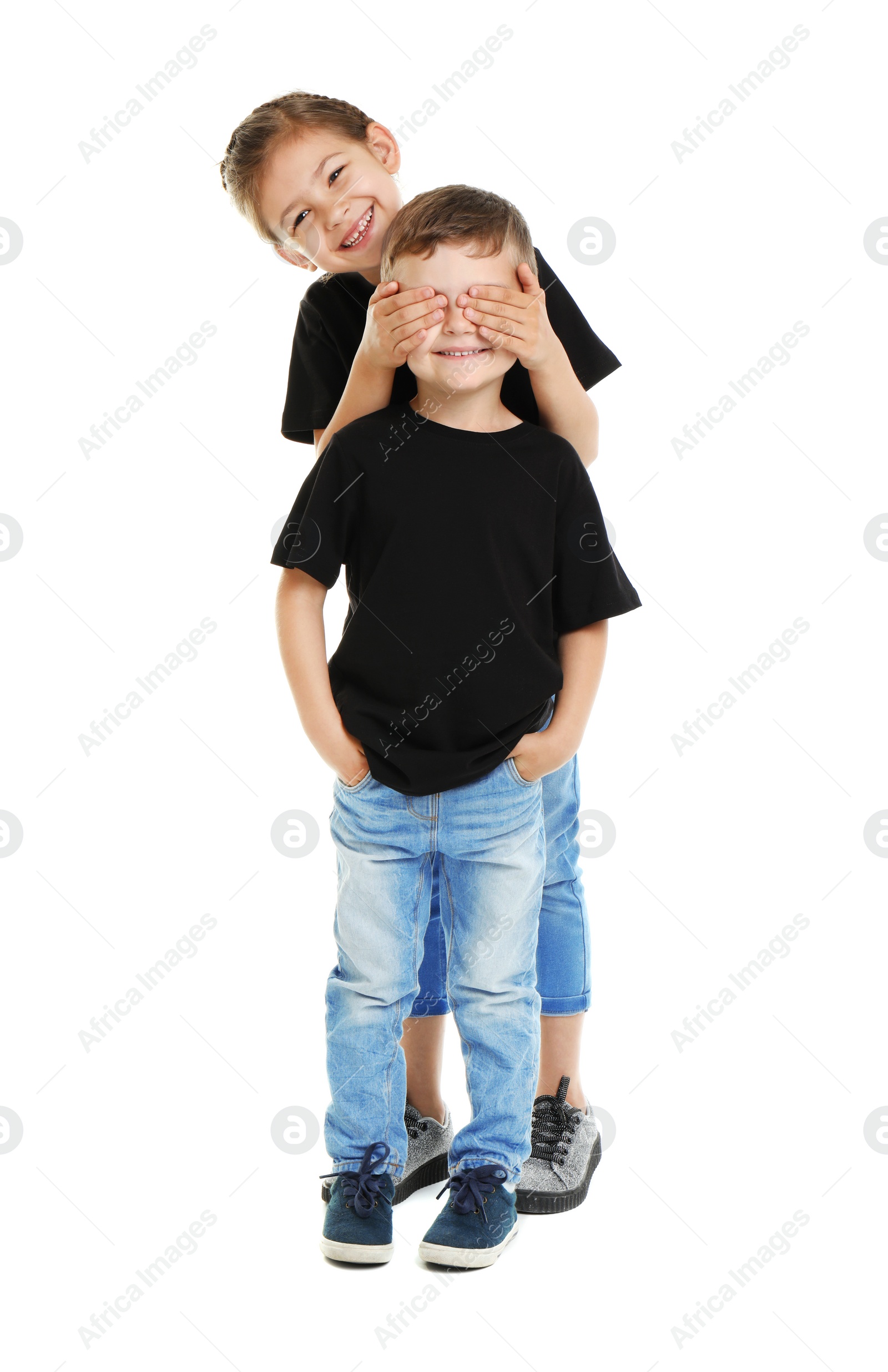 Photo of Little kids in t-shirts on white background. Mockup for design