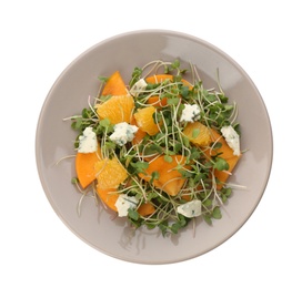 Delicious persimmon salad with blue cheese and orange isolated on white, top view