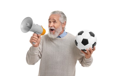 Photo of Emotional senior sports fan with soccer ball using megaphone isolated on white