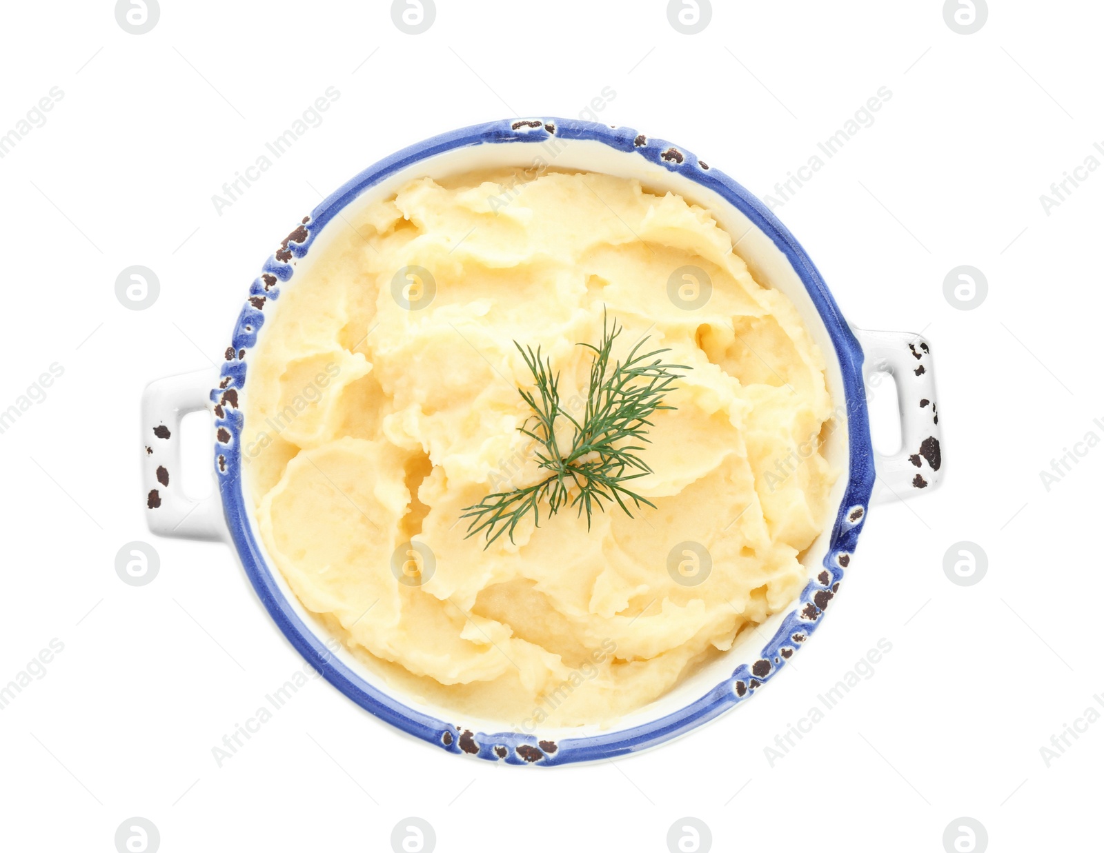 Photo of Casserole pot with tasty mashed potatoes on white background, top view