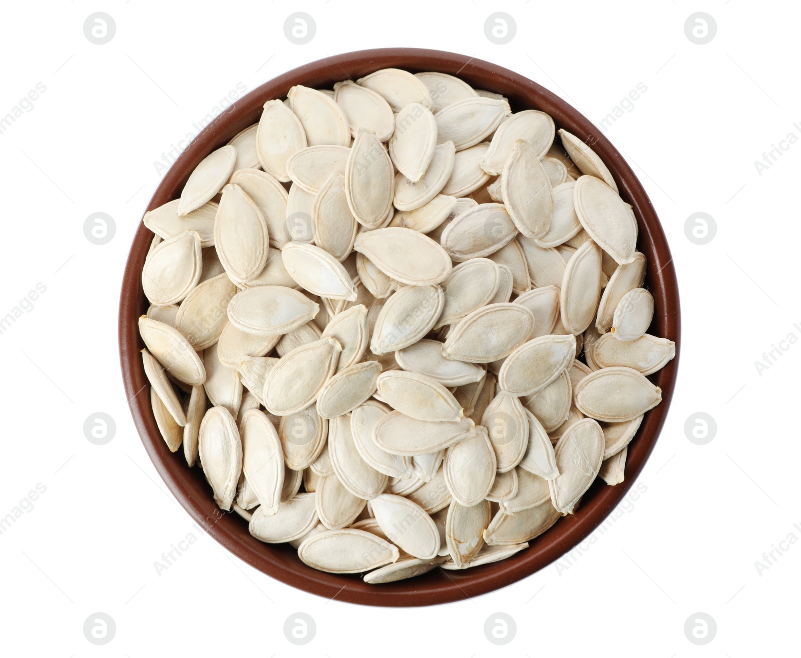 Photo of Raw pumpkin seeds in bowl on white background, top view