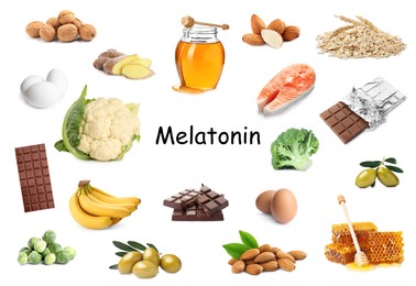 Image of Different foods rich in melatonin that can help you sleep. Different tasty products on white background