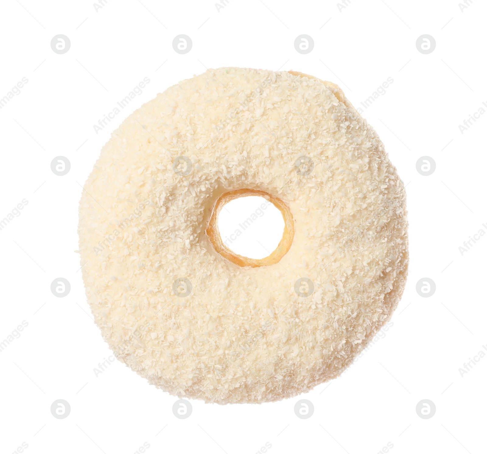 Photo of Sweet tasty glazed donut decorated with coconut powder isolated on white