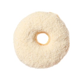 Sweet tasty glazed donut decorated with coconut powder isolated on white