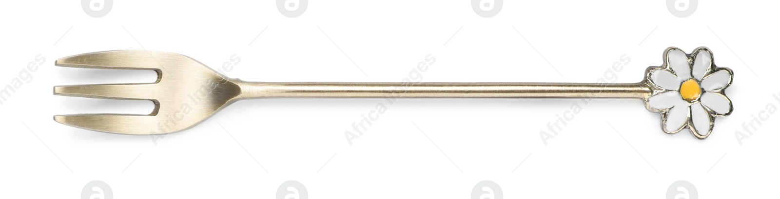 Photo of Stylish dessert fork isolated on white, top view