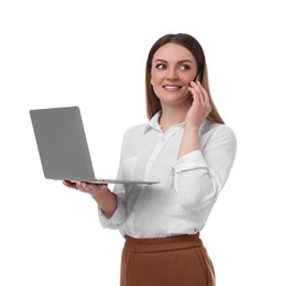 Photo of Beautiful businesswoman with laptop talking on phone against white background