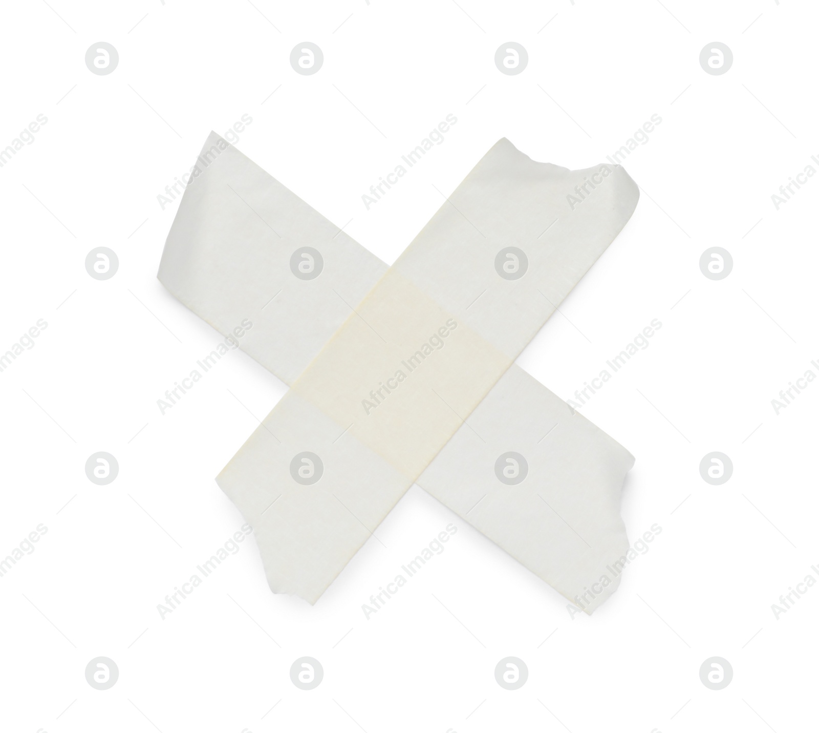 Photo of Crossed pieces of masking adhesive tape on white background, top view