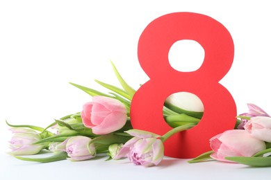 Photo of 8 March card design with tulips on white background. International Women's Day