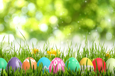 Image of Colorful Easter eggs in green grass against blurred background, space for text