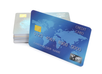 Photo of Blue plastic credit cards on white background