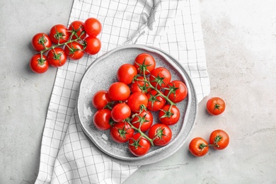 Photo of Flat lay composition with ripe tomatoes on table