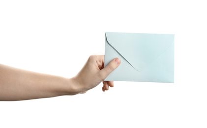 Photo of Woman holding paper envelope on white background, closeup