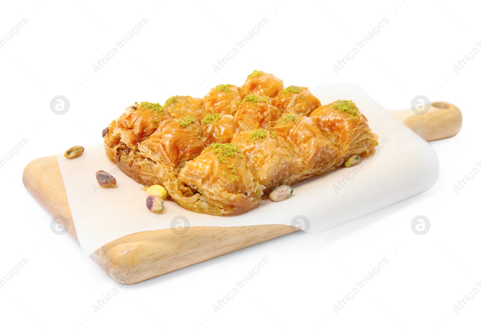 Photo of Delicious sweet baklava with pistachios isolated on white