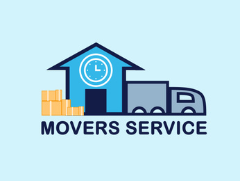 Image of Movers service. Illustration of truck, boxes and building 