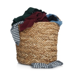 Wicker laundry basket with clothes isolated on white