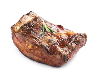 Delicious barbecued ribs with rosemary on white background