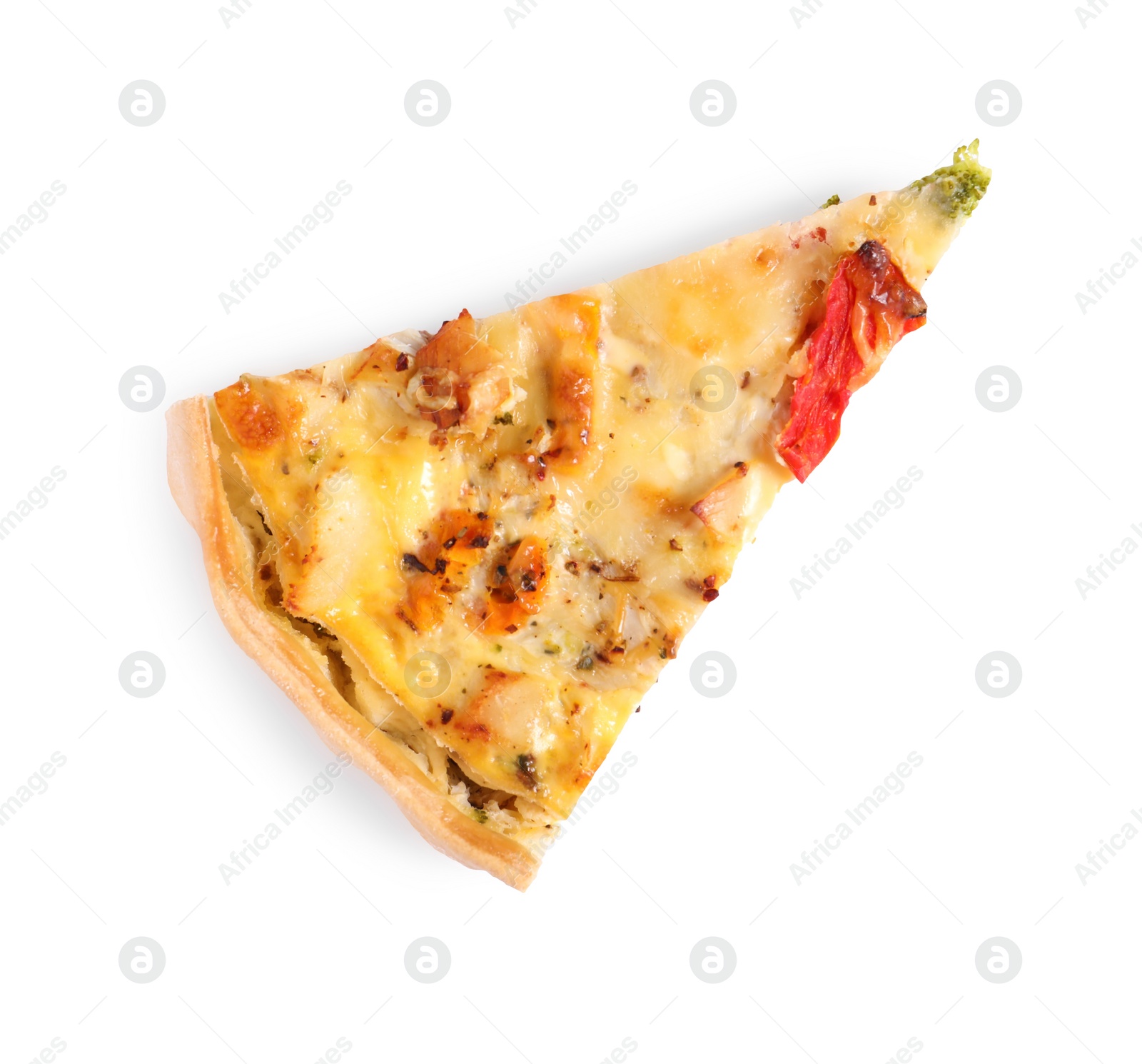 Photo of Piece of tasty quiche isolated on white, top view