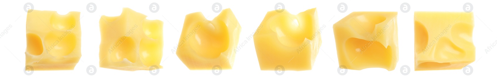 Image of Pieces of delicious cheese on white background, collage. Banner design