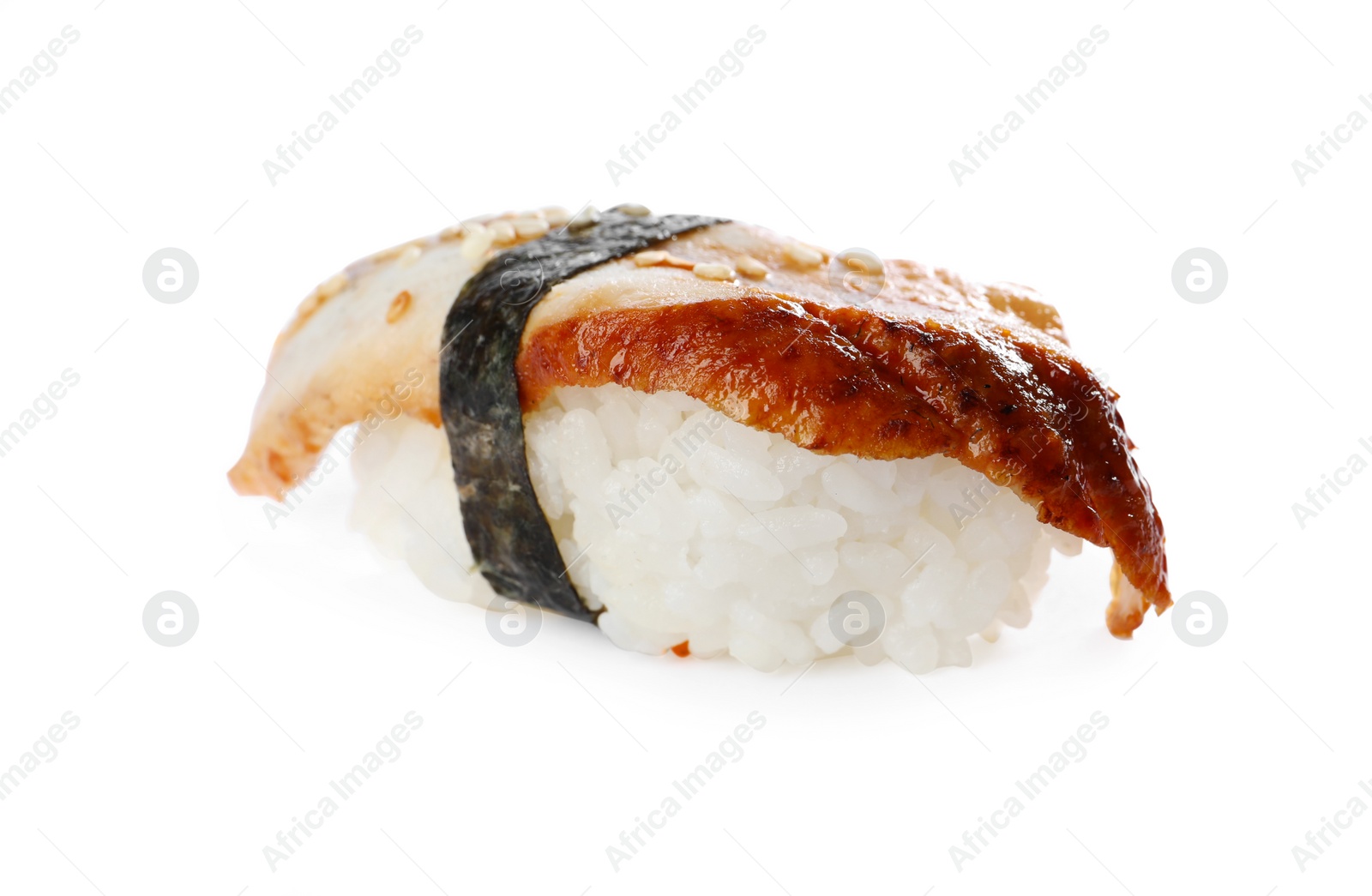Photo of Delicious nigiri sushi with smoked eel isolated on white