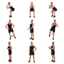 Image of Athletic man doing different exercises with elastic resistance band on white background, set of photos