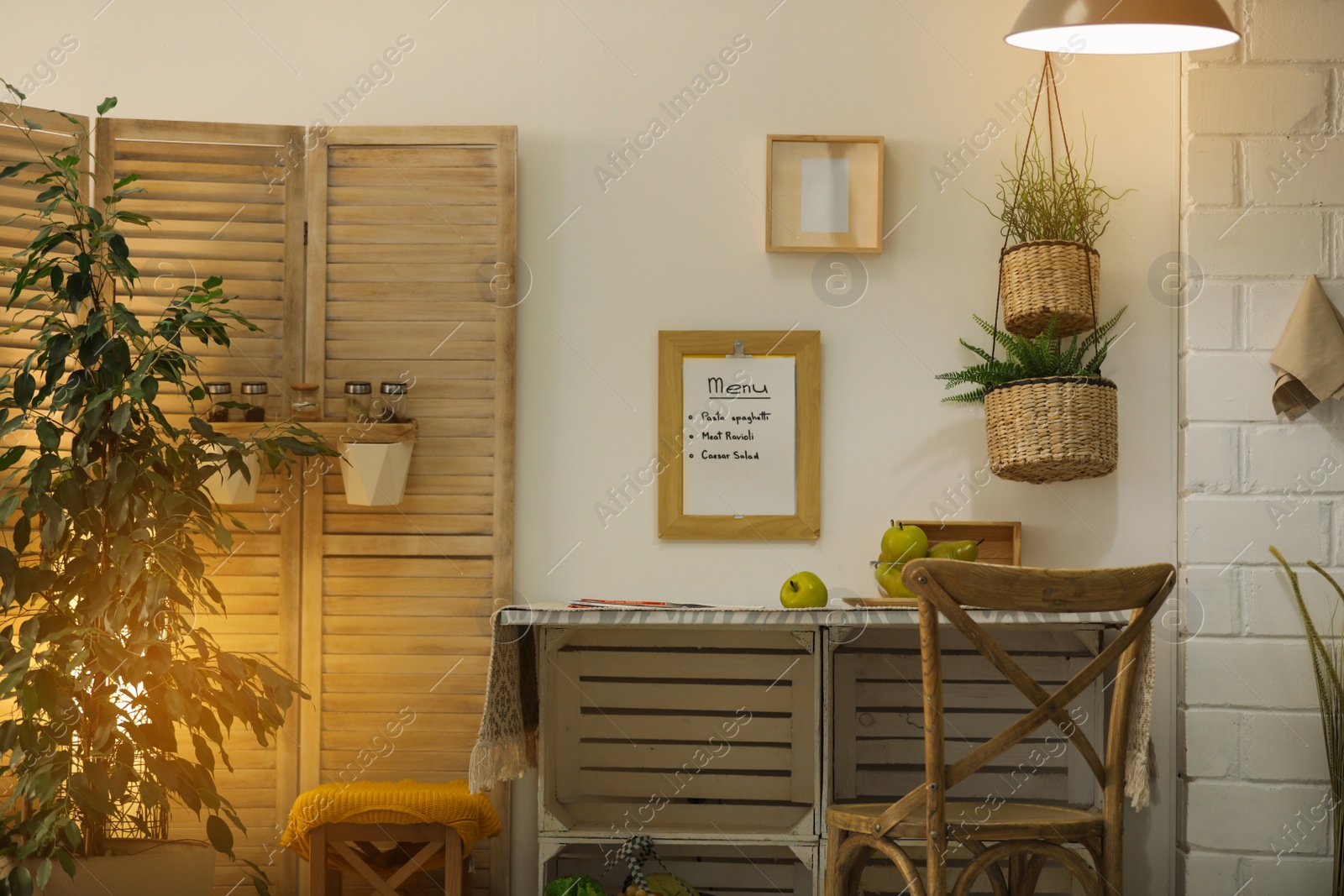 Photo of Modern kitchen interior with wooden crates as eco furniture