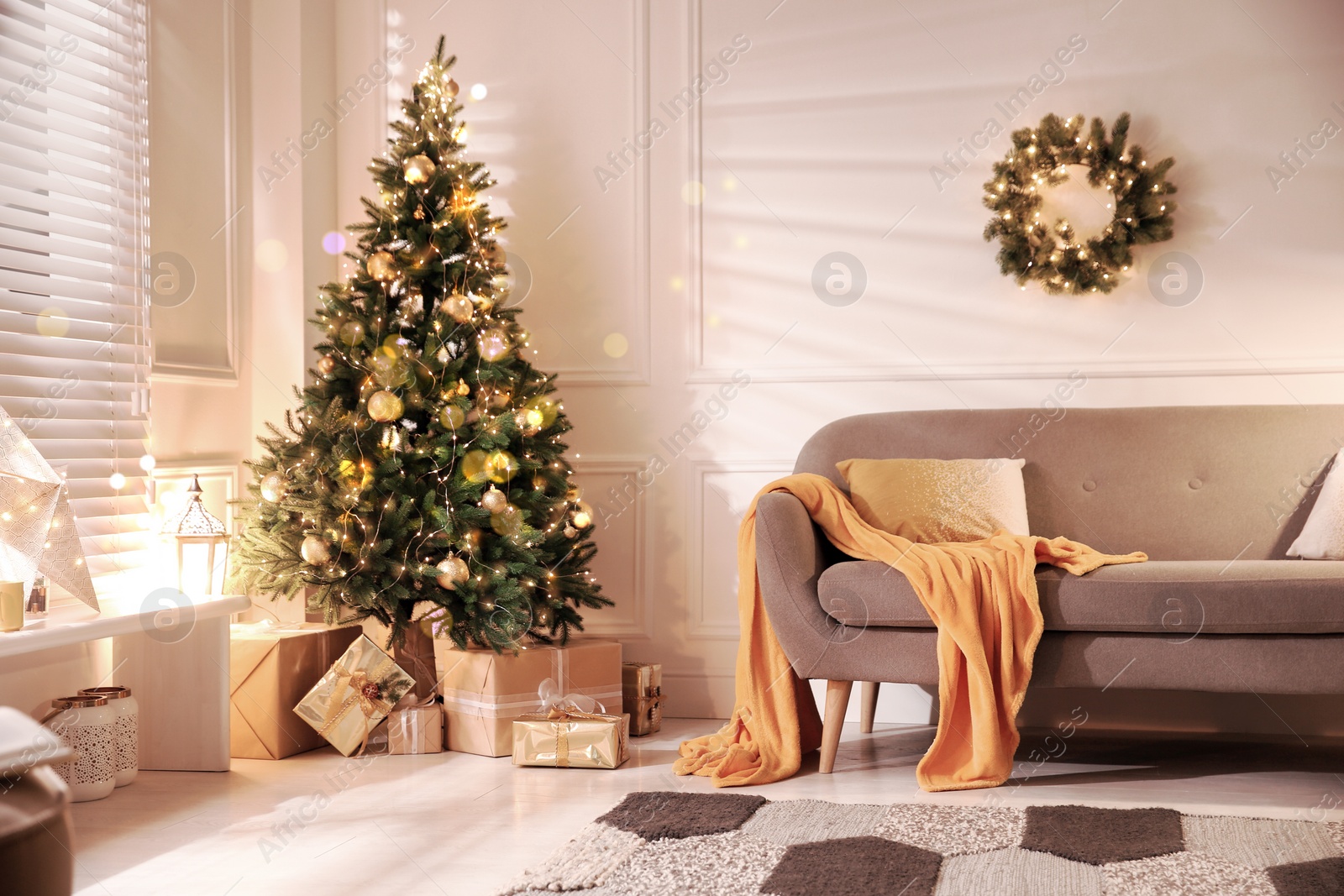 Image of Stylish room with Christmas decorations. Festive interior design