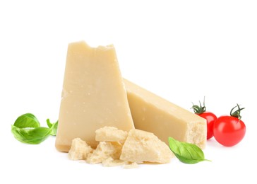 Image of Delicious parmesan cheese, cherry tomatoes and basil on white background