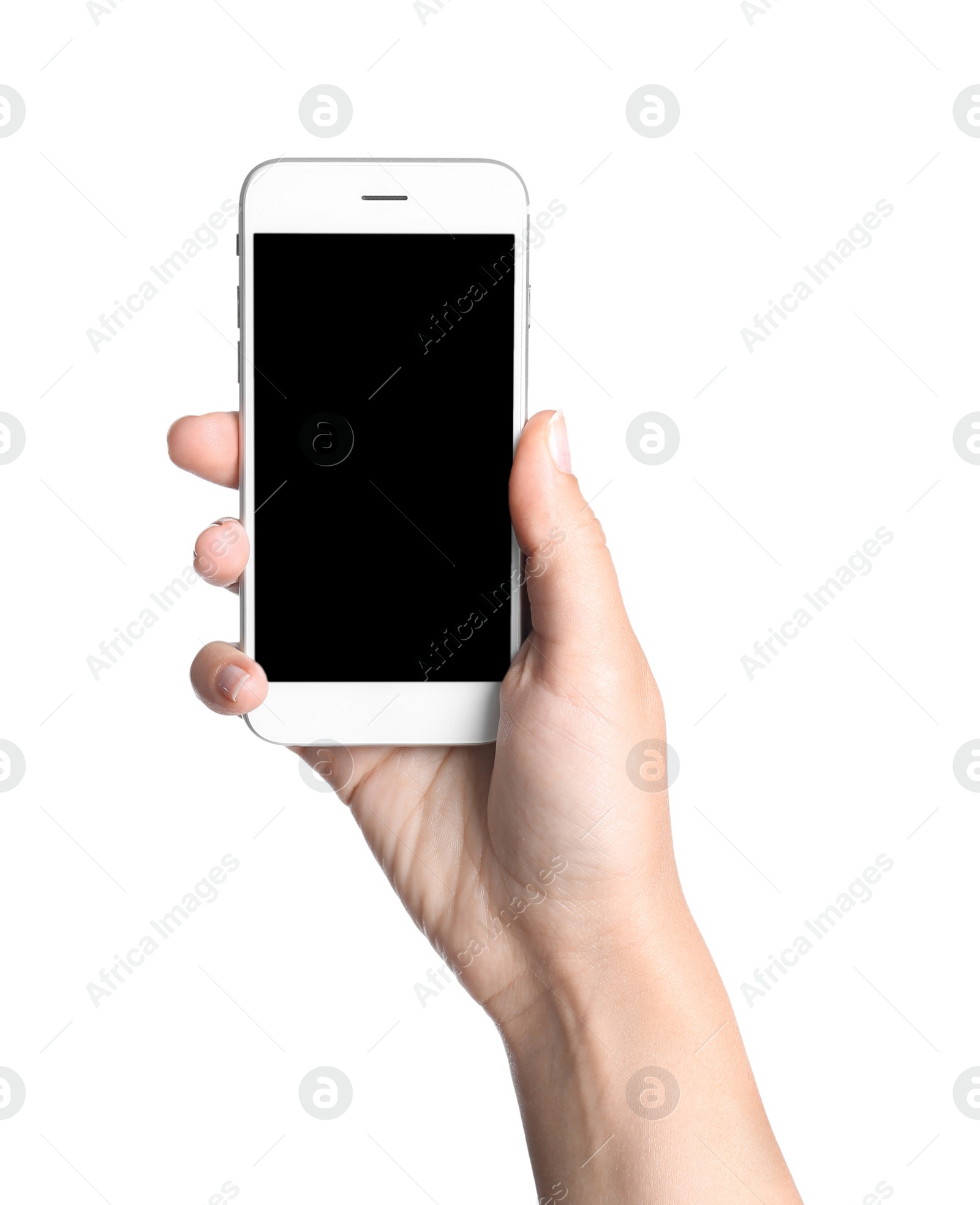 Photo of Young woman holding mobile phone with blank screen in hand on white background