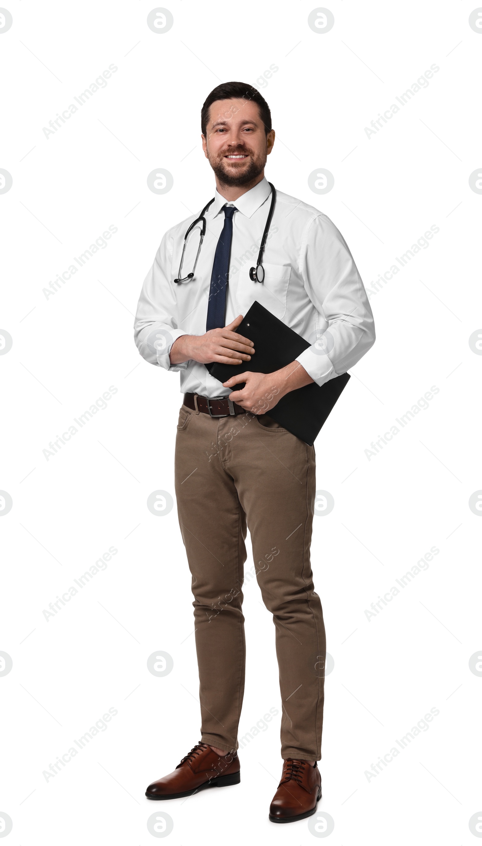 Photo of Portrait of happy doctor with stethoscope and clipboard on white background