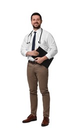 Portrait of happy doctor with stethoscope and clipboard on white background