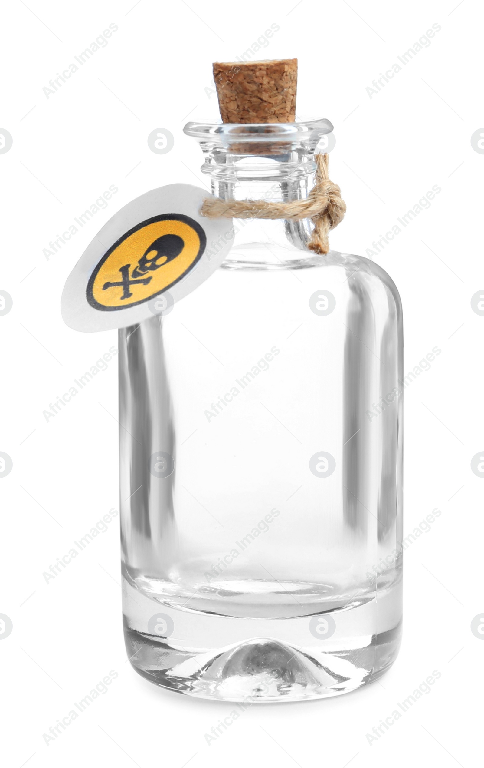 Photo of Empty glass bottle for poison with warning sign isolated on white
