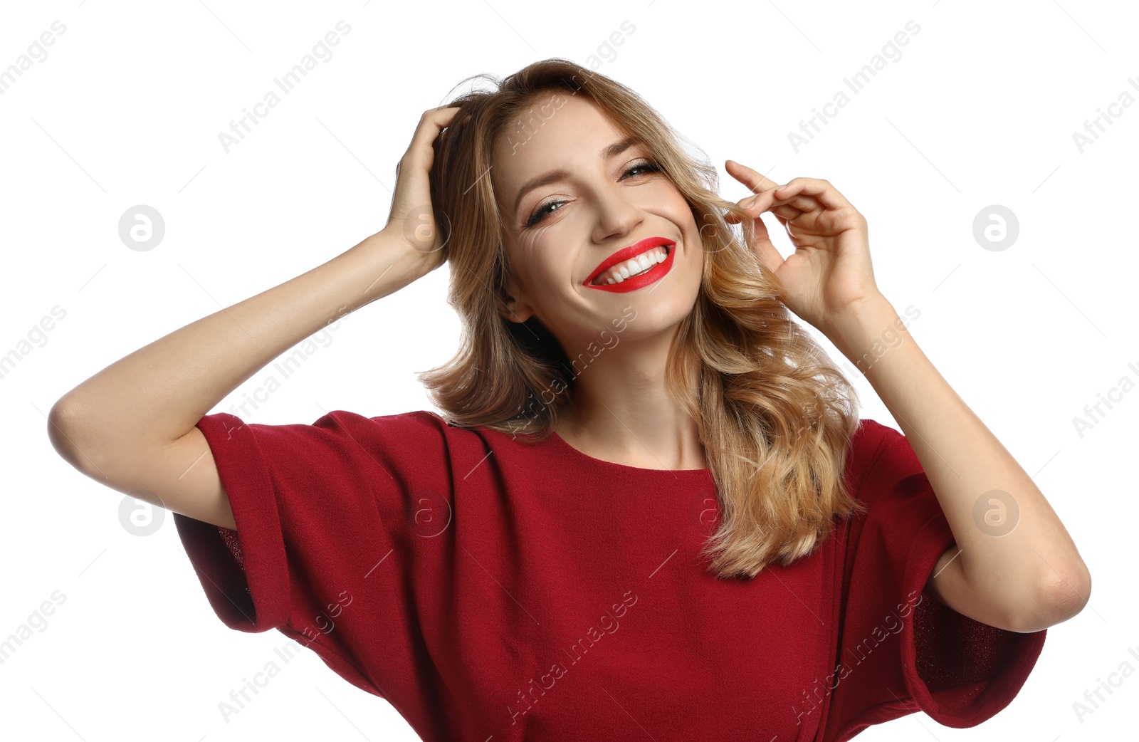 Photo of Happy young woman on white background. Christmas celebration