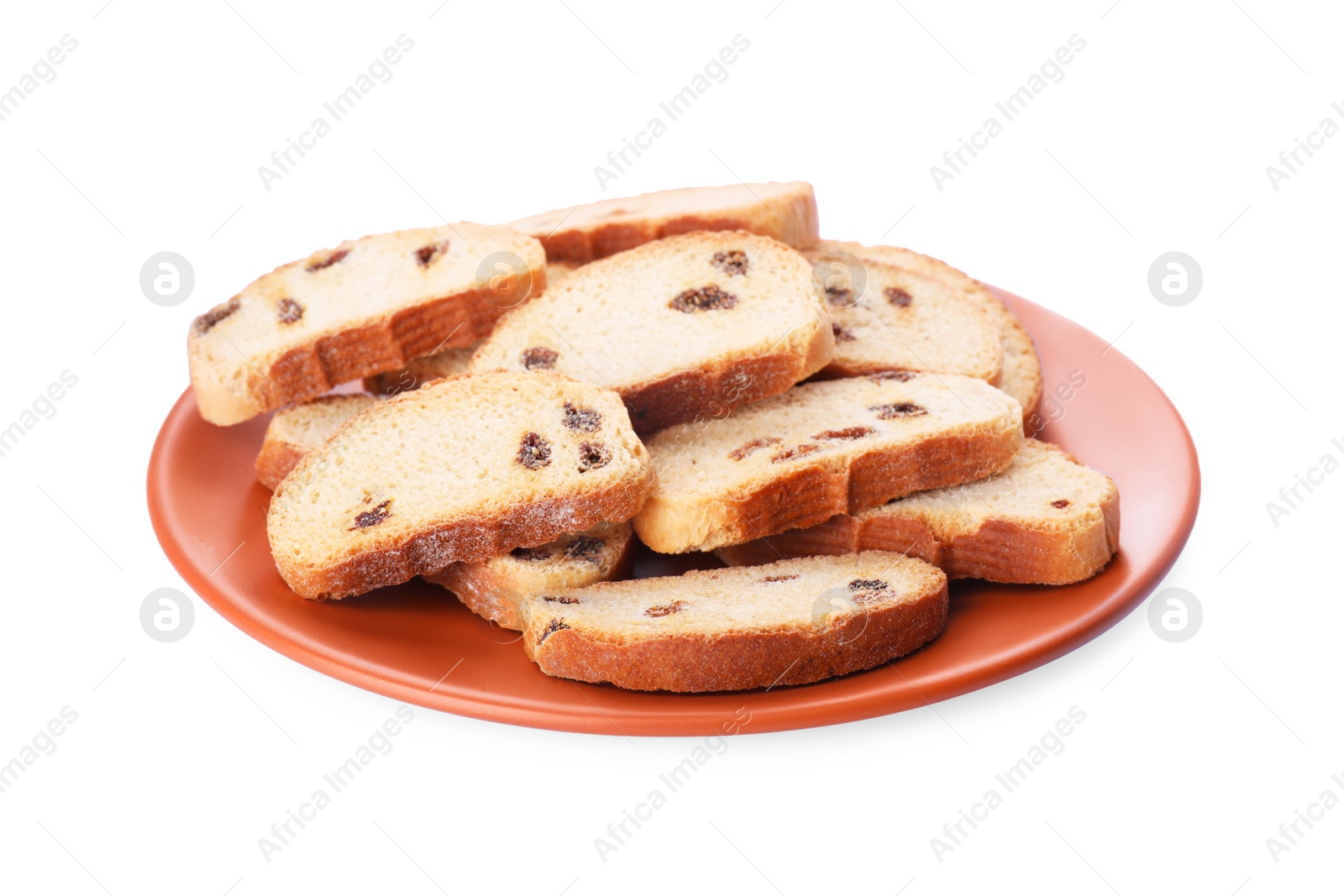 Photo of Plate of sweet hard chuck crackers with raisins on white background