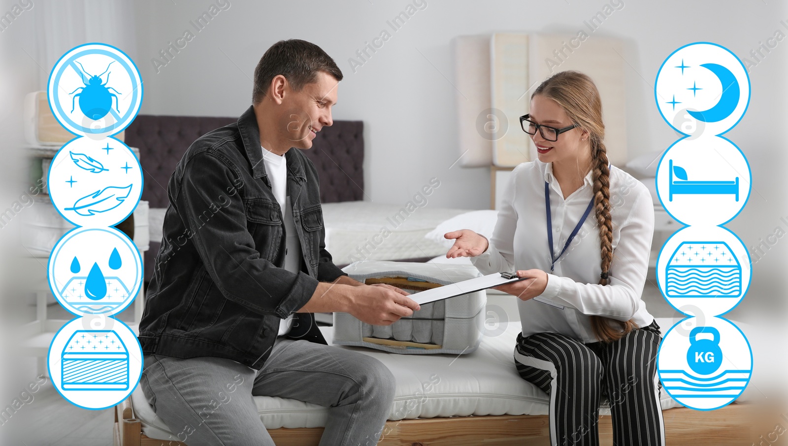 Image of Young saleswoman consulting man in mattress store