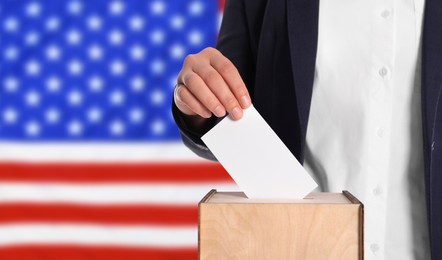 Image of Election in USA. Woman putting her vote into ballot box against national flag of United States, closeup. Banner design